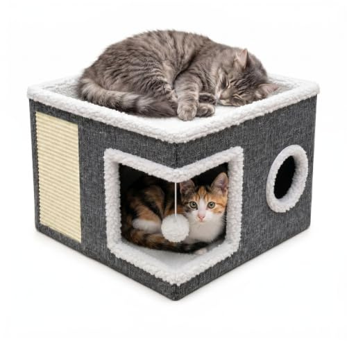 Katzenhöhle Faltbare – 2-stöckiges Katzenhaus Indoor mit Kratzbrett & Spielball – Kuschelhöhle für große Katzen, verstecktes Katzenbett, Faltbarer Katzenwürfel, Grau