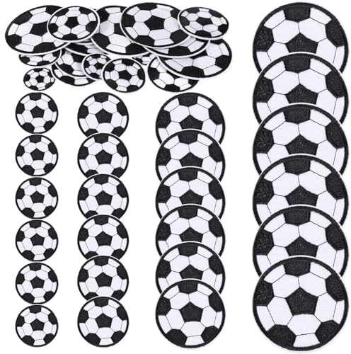 24 Stk Fußball Patches zum Aufbügeln 4 Größen Fußball Stoff Patch Stickerei Fußballs Bestickte Aufnäher zum Aufbügeln Bestickte Bügelflicken Ball Bügelbilder für Textilien Kleidung Jeans Taschen Deko