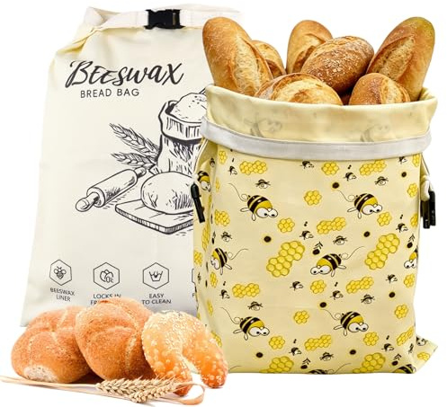 2 Pezzi Sacchetto per Pane in Cera d'Api Naturale ,Sacchetti di Cotone Riutilizzabili Extra Grandi,Sacchetti di Cotone Riutilizzabili Lavabili, per mantenere il pane e i prodotti da forno 32 × 43 cm