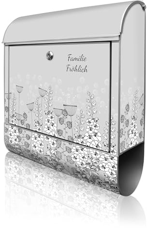 banjado Design Briefkasten personalisiert 38,5x46,5x13cm & 2 Schlüssel - Briefkasten Stahl Silber Zeitungsfach pulverbeschichtet - Postkasten A4 Einwurf inkl. Montagematerial - Motiv Wegesrand