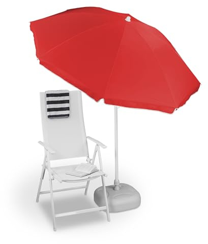 Relaxdays Parasoll, Ø 180 cm, höjdjusterbar, lutbar, balkongparaply, rund, polyester, stål, strandparaply, röd