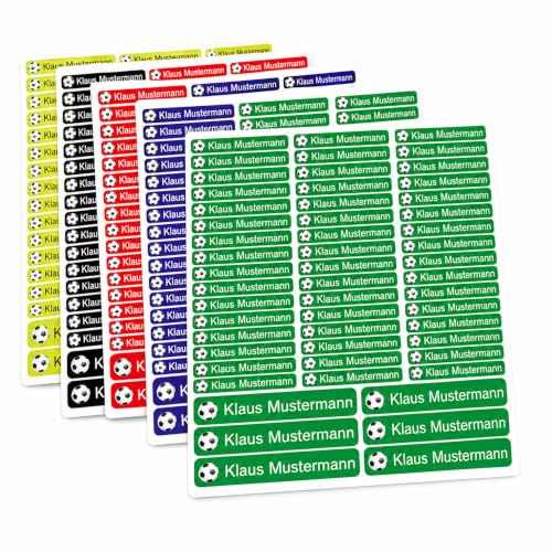 Indigos UG - Namensaufkleber Kinder Schule Fußball - 206 Namensetiketten selbstklebend wasserfest - für Stifte, Brotdose, Bücher, Kindergarten, Kita, Lineal, Sport, Verein, Tasche, Flasche, Erwachsene