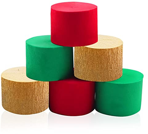 6 Rolls Christmas Party Crepe Paper Streamers, Red Green Gold Paper Streamers for Christmas Festival Party Decor-Christmas (25 m x 4.5 cm/Roll)