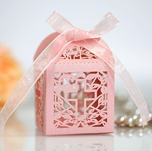 50 Stück Hochzeit Geschenkbox,Blatt überqueren Süßigkeiten Kasten Gastgeschenk Box Schachtel für Süßigkeiten Schmuck Tischdeko Taufe Geburtstag Adventskalender Party Fest Hochzeit Dekoration,Rosa