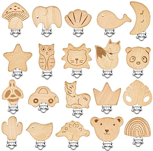 20 Pieces Wood Pacifier Clips Toy Suspender Clips Charm DIY Pacifier Holder for Baby Toddler Teething Grasping Accessory