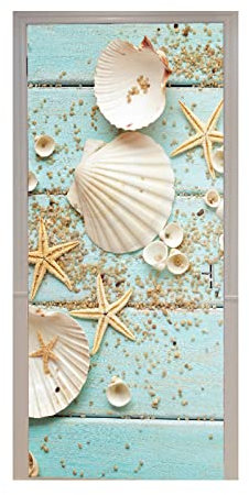 A.Monamour Adesivo Porta Autoadesiva 3D Conchiglie Stelle Marine Su Sfondo Di Legno Blu Tema Nautico Vinile PVC Adesivi per Porte Interne Pellicola Adesiva Poster Sticker Murale Parete Carta da Parati
