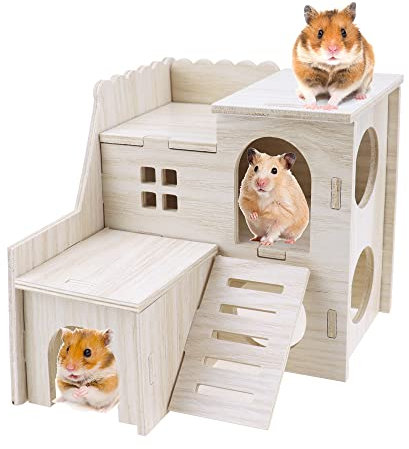 ZXShow Zwerghamster Zubehör Haus Nagerhaus Meerschweinchen Holz Hamsterhaus Spielzeug Naturbelassenes (15.5 × 14 × 14.5)