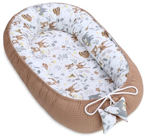 Babynest Neugeborene Nestchen Baby 50x90cm - Kokon Handmade zweiseitig aus Baumwolle Waffel mit Babynestchen Hirsch Braun