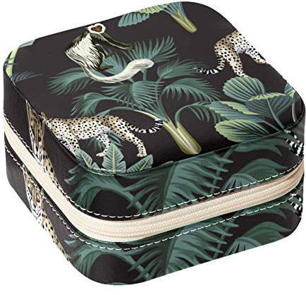 KQNZT Schmuck-Organizer-Box, kleine Schmuckaufbewahrung aus Pu-Leder für Ohrringe, Ringe, Halsketten, Armbänder,Moderner tropischer Dschungel Leopard Lemur Bananenbaum