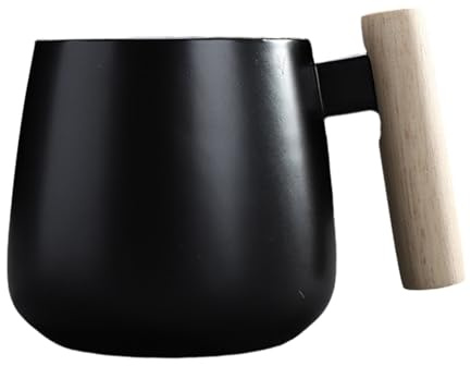 Keramisk kaffemugg med handtag, trälock, sked, kopp för hem och kontor (350 ml, svart)