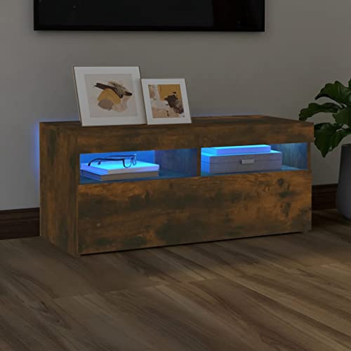TJROO Mobile Porta TV con Luci LED Rovere Fumo 90x35x40cm - Legno Multistrato, Ante, Consolle, Vetrina, Armadio con Led per Salone e Televisore