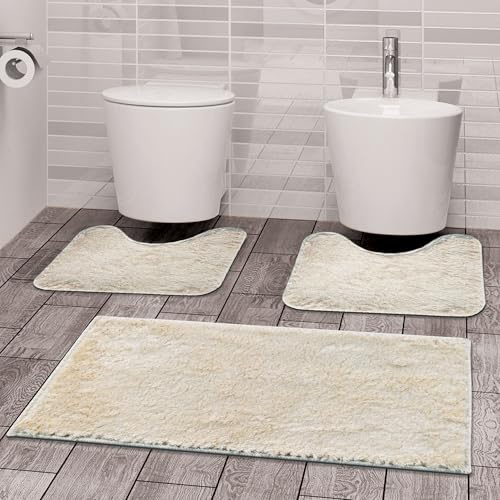 Comart - Tris Tappeti Faith Bagno - Set Tappetini Bagno: 1 Tappeto Rettangolare 45x75 cm + 2 Giro Water 45x40 cm - Morbidi e Pelosi - Asciugatura Rapida e Antiscivolo - Lavabili in Lavatrice - Panna