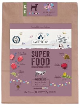 Lakefields SUPERFOOD | Premium Welpenfutter trocken | 61% Rind | 1 x 1kg | Getreidefreies Trockenfutter für Welpen | Mit Löwenzahn, Leinsamen & Roter Beete | Von Tierärzten entwickelt
