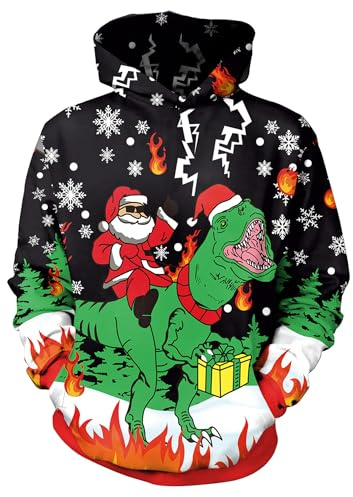 BesserBay Barn jul långärmad tröja med huva och fickor tryck unisex huvtröja 6–14 år, Jultomten och dinosaurier, 10 år