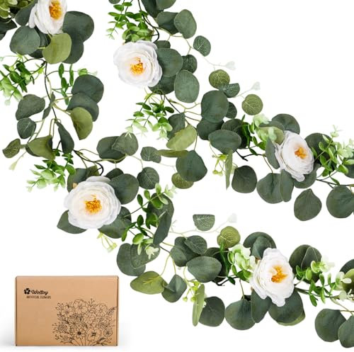 Woltoy 2 Stück Eukalyptus blumengirlande deko, Künstliche Blumengirlande mit künstlichen Rosen, Kunstblumen Hängepflanze Eukalyptus Girlande für Haus, Garten, Party, Hochzeit und Büro Dekorati