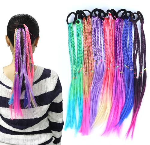 Lot de 14 mèches de cheveux colorées tressées pour enfants - Avec cordon élastique - Dégradé de couleur - Pour fête, festival, décoration (14 pièces)