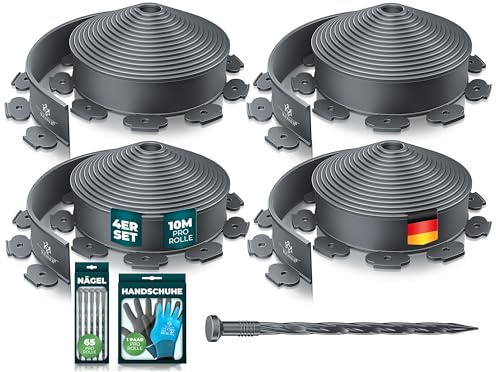 KESSER® Bordure de pelouse flexible en plastique - Longueur : 40 m - Hauteur : 5 cm - Avec 260 piquets d'ancrage au sol + 4 paires de gants - Bordure de parterre - Bordure de tonte - Pavés - Palissade