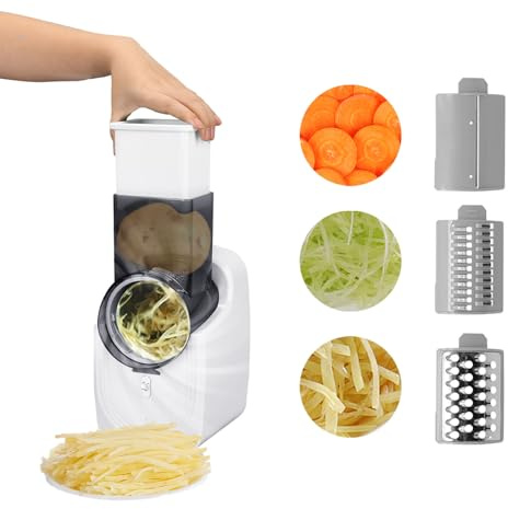 Yallmie Mandoline Vegetable Potato Slicer, Electric Slicers and Vegetable Cutters, Vegetable Salad Chopper with 3 Blades Cheese Grater Rotary for Easy Veggie, Fruit Slicing (White)