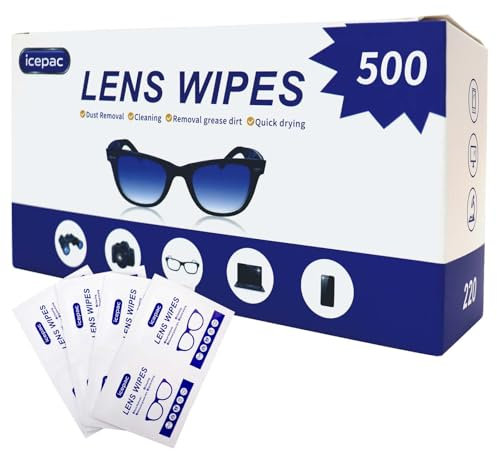 Icepac Lens Wipes for Eyeglasses - 500 Pre-Moistened Individual Wrapped Cleaning Wipes | Safely Cleans Glasses, Sunglasses, Phone Screen, Electronics & Camera Lenses