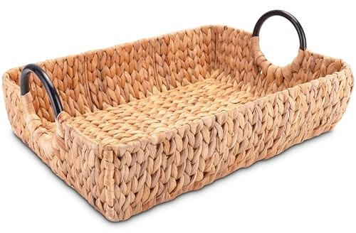 Decorasian Serviertablett geflochten aus Wasserhyazinthe – Deko Tablett rechteckig mit Griffen - Natur Holztablett als Frühstückstablett oder Hockertablett - 50 x 35 x 12cm