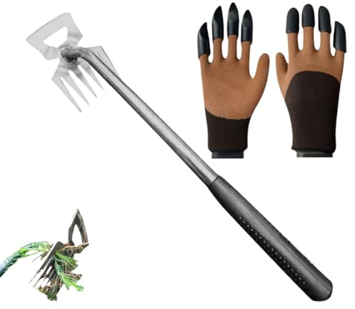Manganese Steel 5-Tine Weeding Rake Gartenwerkzeug Unkrautstecher + Gartenhandschuhe mit Krallen – Manganstahl Unkrautjäter, Wurzelstecher und Handschutz für effizientes Jäten