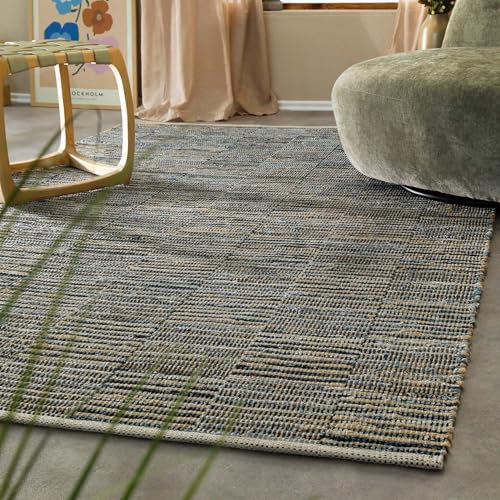 Wecon Home Teppich Denim Blues – Handwebteppich aus recyceltem Denim & Jute – Handgekettelte Kante – GoodWeave Zertifiziert – Modernes Rasterdesign, natürlich & robust (160 x 230 cm, Denim blau)
