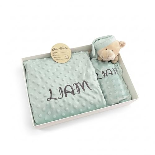 Danielstore Set de Manta de Coralina 80x100 cm + Dou Dou Personalizado con Nombre Bordado, Sets de Regalo para Recién Nacido, Baby Shower, Canastilla Bebé, Manta de Burbujas