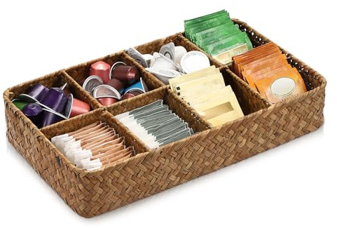 OLegei Seagrass Divided Tea Bag Organizer, 8 Compartments Organizer Tray for Countertop and Drawer, Woven Coffee Bar Storage Baskets for Organizing Tea Bag, Coffee Capsule,Sugar Packets (Caramels)