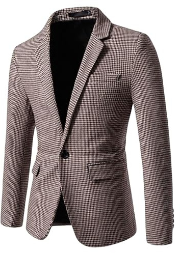 HUIANGLIYG Blazer Casual da Uomo in Tweed Semplice, vestibilità Slim, con Revers A Lancia, Un Bottone, Giacca Sportiva Vintage Pied De Poule, Giacche per Lavoro, Matrimonio, Kaki S