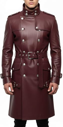 Creonetix Hub Men’s Maroon Leather Trench Coat – Anime Inspired Cosplay Long Gothic Duster Style Jacket for Halloween & Fashion (burgundy-Large)