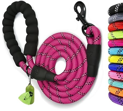 Rope Dog Leash with Soft Padded Handle, 120 x 1.2 cm Reflective Lead and Multi Colour for Medium and Large Dogs, Hot Pink