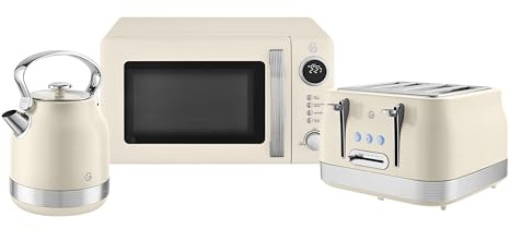 Swan Retro Kitchen Set, 1.7L Rapid Boil Kettle with 360 Degree Base, 3000W, and 4 Slice Toaster with 7 Browning Levels, 1860W and 20L Digital Microwave, Cream, SK14631C & ST19029C & SM4425CRM