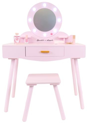Bandits & Angels Kinderschminktisch Sofia Rosa mit Spiegel und Beleuchtung für Mädchen ab 3 Jahren - Schminktisch aus Holz - Schminktisch inklusive Hocker - Für Kinder