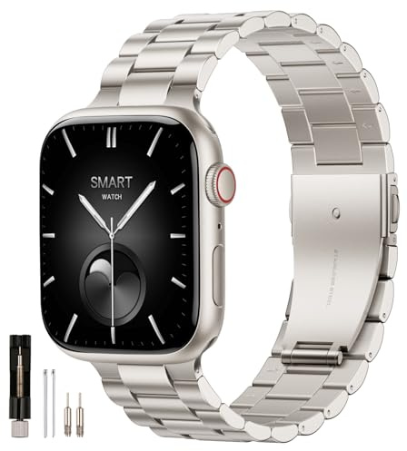 QAZNZ Metallarmband kompatibelt med Apple Watch 46 mm (S11 10) 45 mm 44 mm 49 mm 42 mm (Serie 3 2 1), rostfritt stålarmband för iWatch serie 11 10 9 8 7 6 5 4 3 2 1 SE Ultra 3/2/1 (stjärnljus)