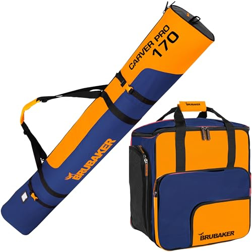 BRUBAKER Carver Pro - Juego de bolsas para botas de esquí y saco de esquí para 1 par de esquís de 170 cm, bastones, zapatos y casco, acolchado, resistente y robusto, color azul y naranja