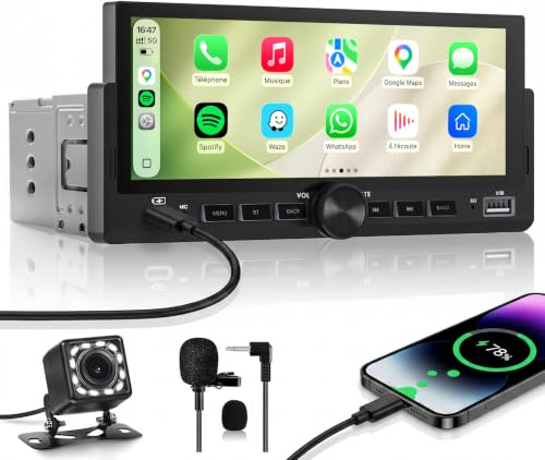 Bluetooth Autoradio 1 DIN, 6,86 CarPlay Voiture & Android Auto sans Fil | Poste Radio avec Caméra de Recul, Écran Tactile, Navigation GPS, Contrôle Vocal, AUX/FM, MirrorLink, Commandes au Volant, EQ