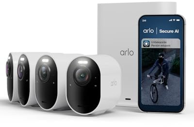 Arlo Ultra 3 4K Akku Überwachungskamera Aussen mit SmartHub, 4-Kamera-Set | 180° Sichtfeld, 4K UHD, Auto-Tracking, KI-Erkennung, SmartHub Speicher, Alexa, Arlo Secure Testzeitraum inklusive