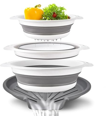 Collapsible Colander Set (4-Pack) - Self-Draining Sink Edge Strainer, Nesting Design for Easy Storage in 3 Sizes (Small, Medium, Large) & Colors (Red, Blue, Green) (Grey)