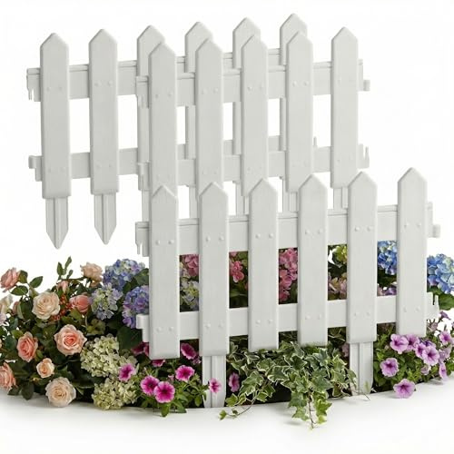 5-Piece White Picket Fence Panels for Garden Edging, Interlocking Lawn Plant Flowerbed Panels with Spiked Feet Plastic Border Fencing, 20 x 40 cm (012)