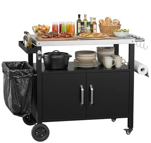 TLSUNNY Grillbord med Rostfri Skiva, Utomhus Grillvagn med Skåp, Grillvagn Köksvagn med 4 Hjul, Krokar & Handtag, Serveringsvagn för Utomhusbruk för Trädgård Terrass Picknick Fester, 112 x 51 cm