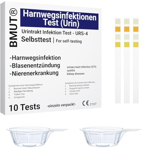 10x BMUT Harnwegsinfekt Teststreifen 4in1 – Einzeln verpackt – Inkl. 10 Urinbecher – Urin Selbsttest für Zuhause – Blasenentzündung Schnelltest & Nierenerkrankung