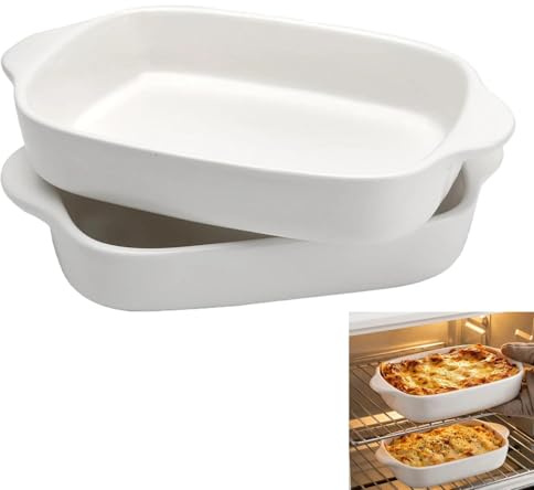 Keramikugnsform, uppsättning med 2, rektangulär lasagneform med handtag, reptålig ugnsform för gratin och tiramisu, diskmaskinssäker och värmebeständig (vit)