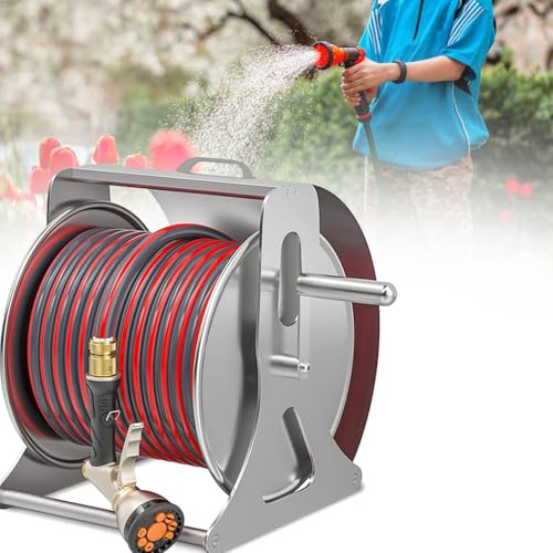 Heavy-Duty Wall-Mounted Garden Hose Reel with Multi-Function Water Gun, Accommodates 10-50m Hose, Durable Metal Construction for Easy Water Management