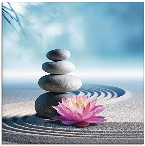 ARTland Wanddeko Glasbilder Wandbild Glas Bild einteilig 50x50 cm Quadratisch Asien Wellness Zen Steine Sand Blumen Lotusblume Spa Entspannung Blau S5XU