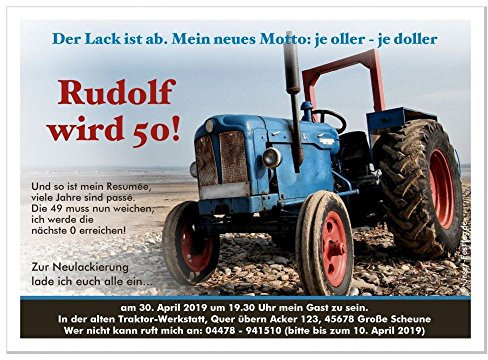 Einladungskarte zum 30. 40. 50. 60. Geburtstag - Traktor - Männer Frauen - mit Wunschtext, jedes Alter möglich, 100 Stück