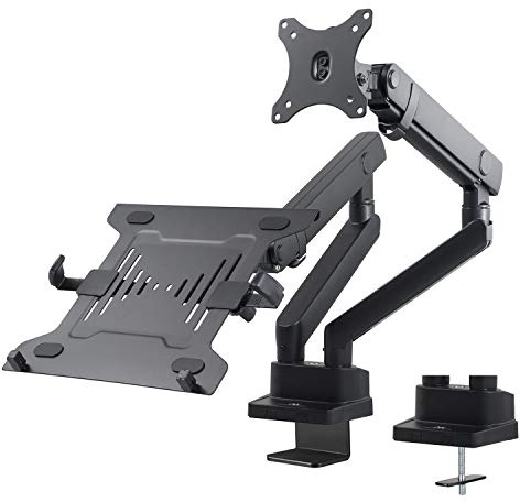Maclean MC-813 monitorhållare med gasfjäder laptophållare bordsfäste monitorstativ VESA 75 x 75 100 x 100 17 tum 32 tum för 1 bildskärm och 1 bärbar dator