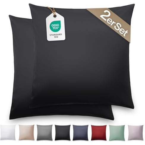 Blumtal Mako Satin Kissenbezug 80x80 Baumwolle Schwarz - 2er Set Kissenbezüge aus 100% Baumwolle - edle Glanzoptik & Reißverschluss - Satin Kissenbezug für Kopfkissen 80x80 & Sofakissen