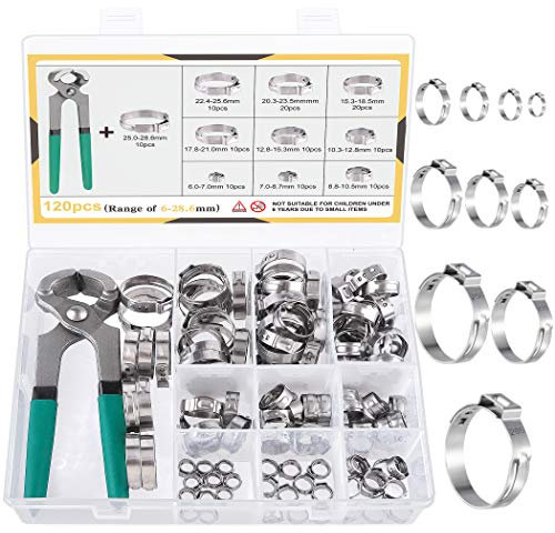 MIAHART 120Pcs Colliers de serrage à une oreille en acier inoxydable avec 10 tailles Pince à sertir en continu 304 pour sécuriser les tuyaux flexibles PEX et l'utilisation automobile