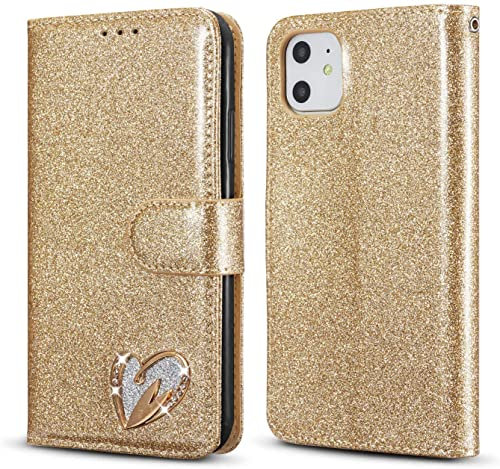 QLTYPRI Compatible with iPhone 12/iPhone 12 Pro Case, Glitter PU Leather TPU Bumper Card Holder Wrist Strap Wallet Case with Inlaid Heart Diamond Shockproof Flip Phone Cover - Gold