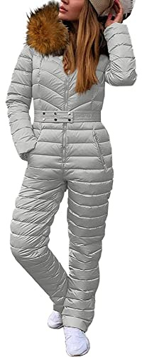 Cicy Bell Womens One Piece Ski Suits Winter Outdoor Sports Jumpsuit Fur Collar Coat Windproof Waterproof Hooded Snowsuit (Silver, Large)
